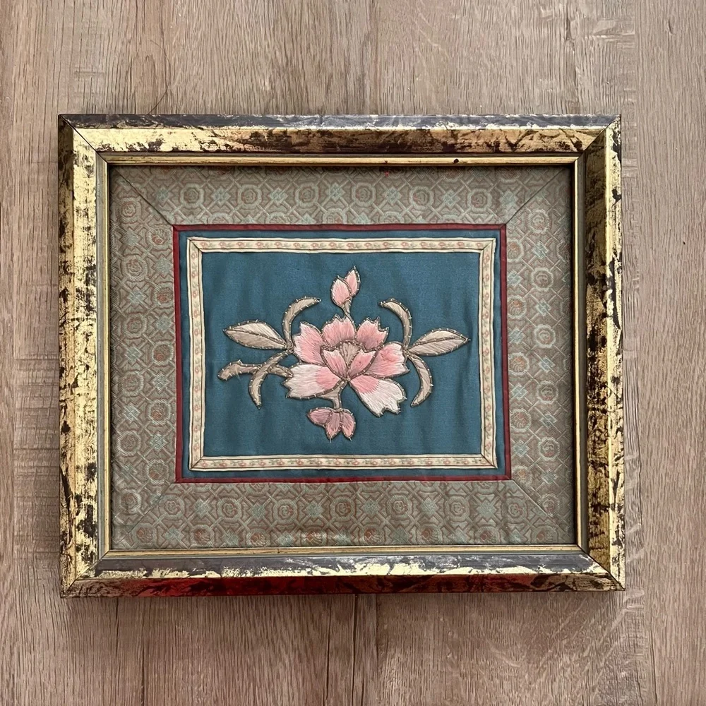 Antique Chinese Embroidered‎ Framed Tapestry Fabric Silk Pink Peony #2